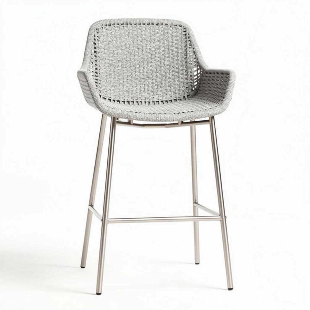 Metal Frame Bar Stool with Woven Seat – Suitable for Indoor or Outdoor Use – Made of Steel and Synthetic Fiber – 48 x 48 x 100cm